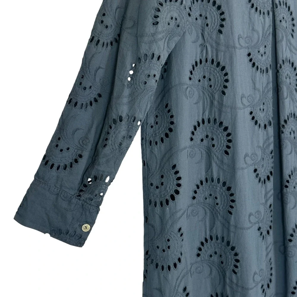 Italian Cotton Eyelet Shirt Dress Blue Embroidered Tunic Long Sleeve L - Picture 11 of 11